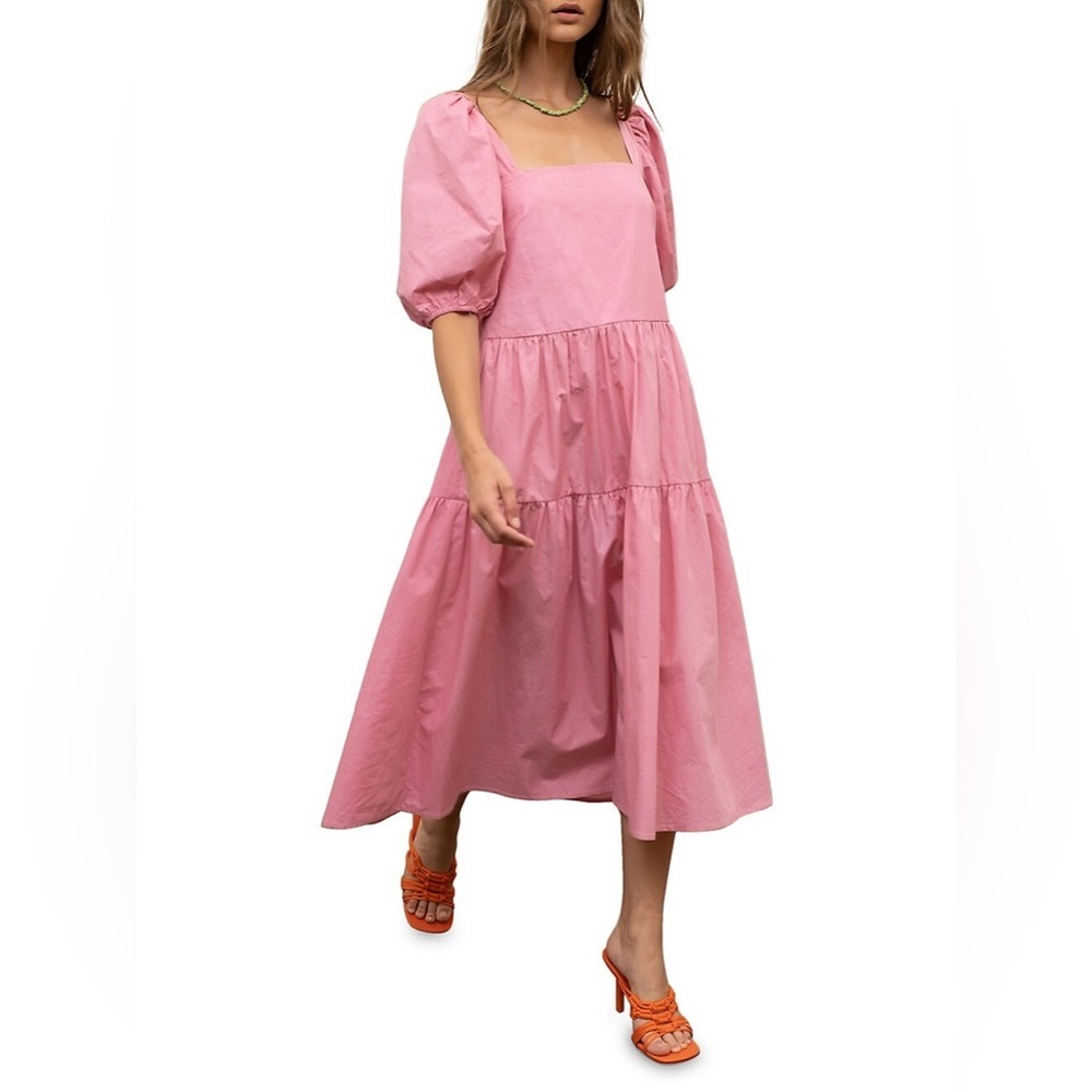 Moon River Pink Open Back Puff Sleeve Midi Dress - Picture 1 of 12